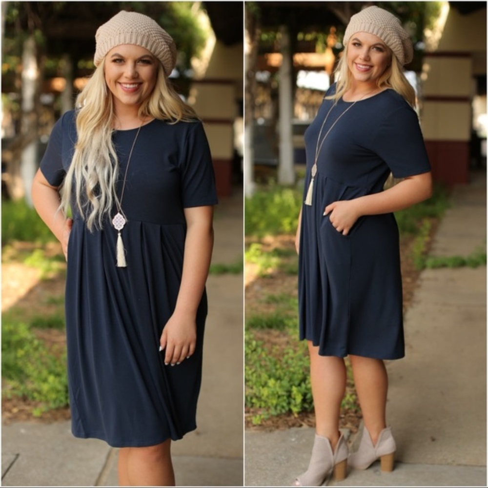 Navy Pleated Dress with Pockets